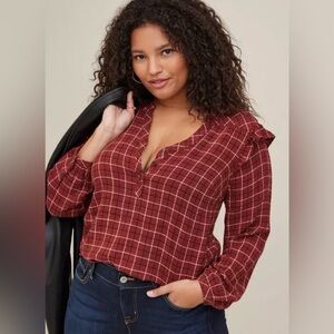 Torrid Crinkle Gauze Ruffle Trim Pull Over Top Size 00 M/L Brown Plaid